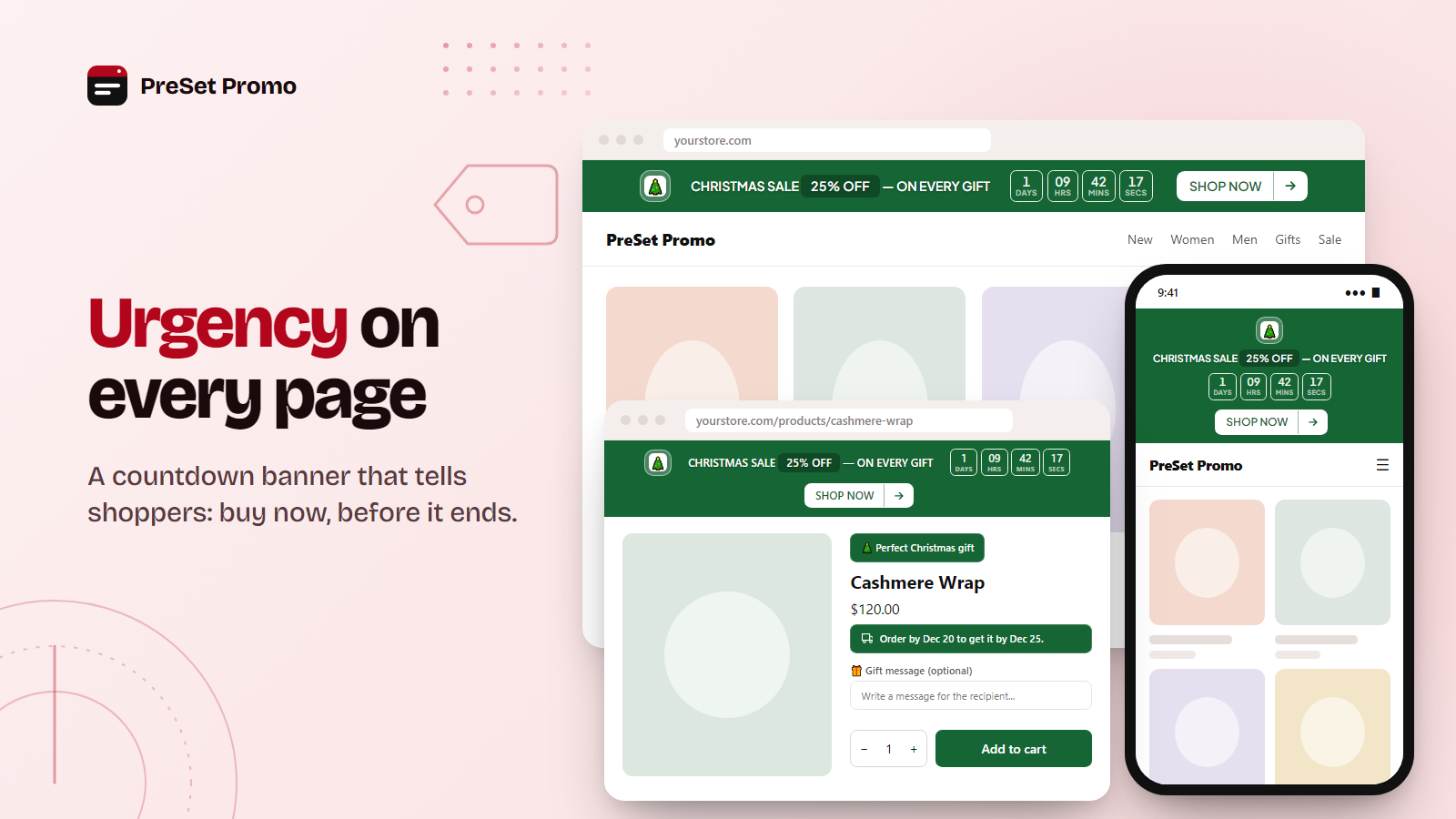 Countdown sale banner on home, product page and mobile