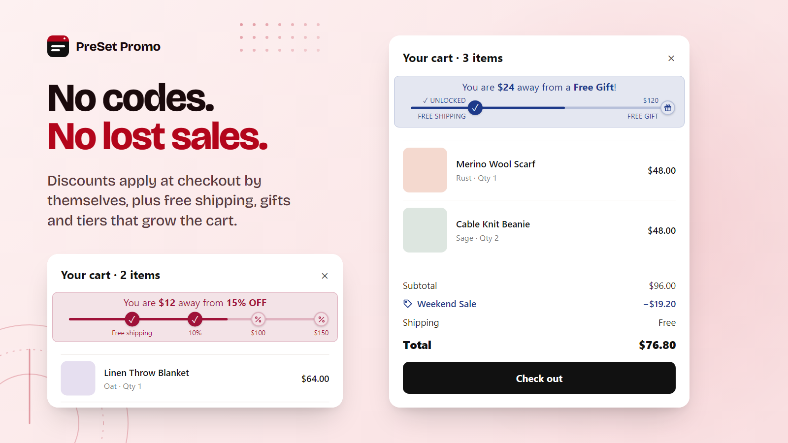 Cart progress bar unlocking a free gift and automatic discount