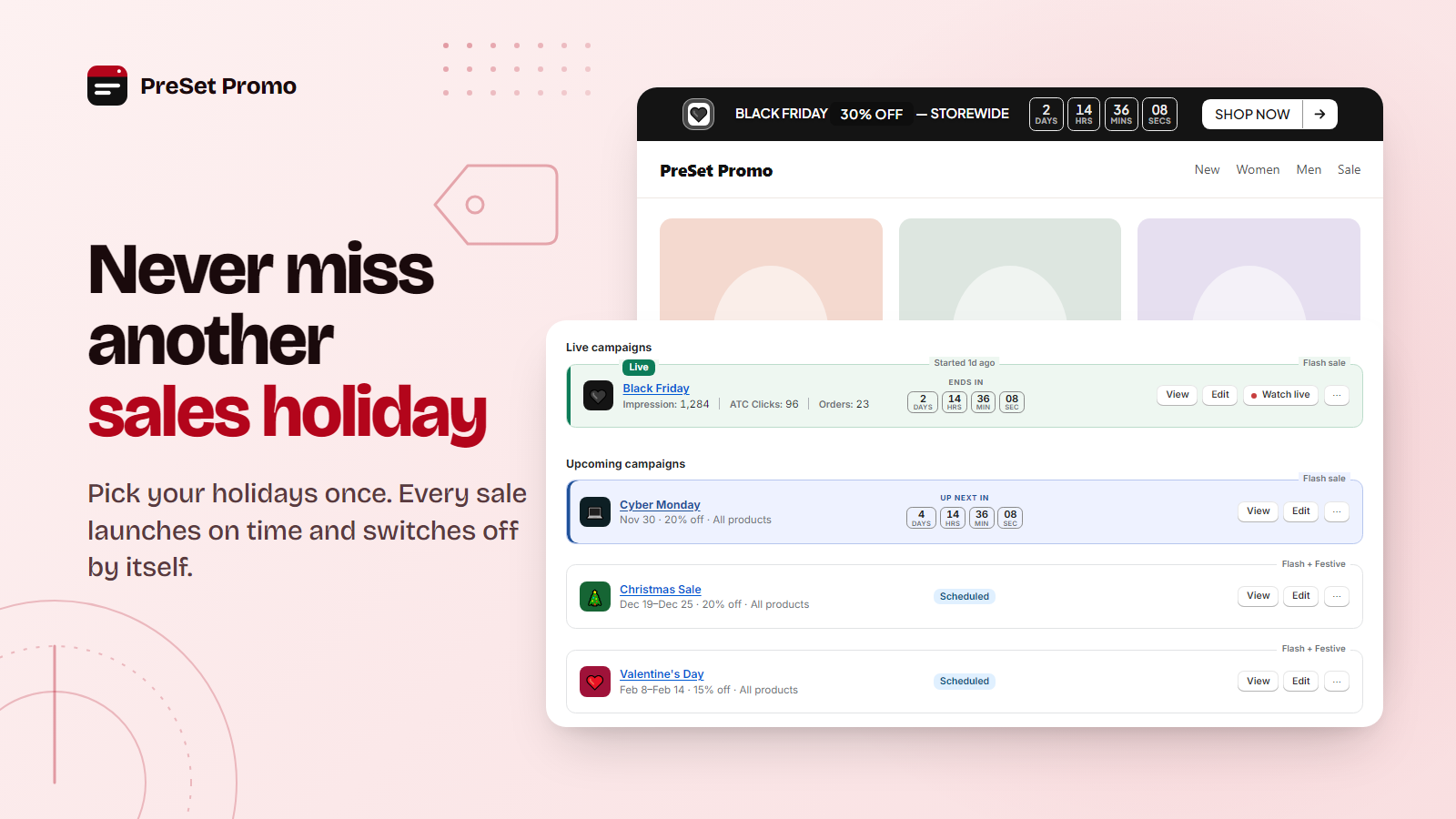 Scheduled sales banner live on a store, with the campaign list